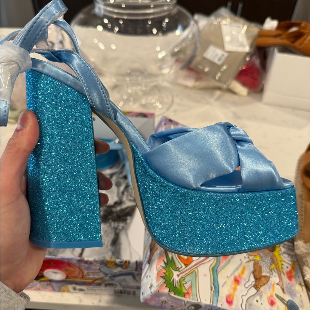 Jeffrey Campbell platform light blue satin with glitter sandal